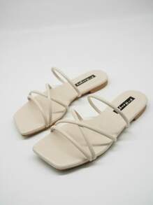 planare Cross Strap Slide Sandals, Beige Elegant Solid Color Slippers