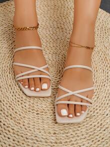 planare Cross Strap Slide Sandals, Beige Elegant Solid Color Slippers