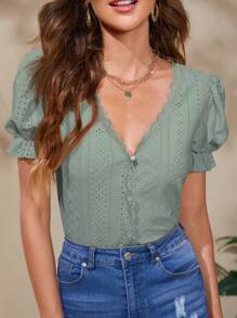 SHEIN VCAY Eyelet Embroidery Puff Sleeve Lace Trim Tee - Mint Green - View 1