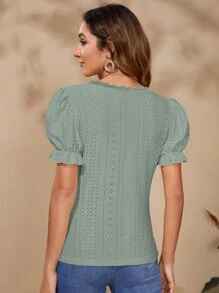 SHEIN VCAY Eyelet Embroidery Puff Sleeve Lace Trim Tee - Mint Green - View 2