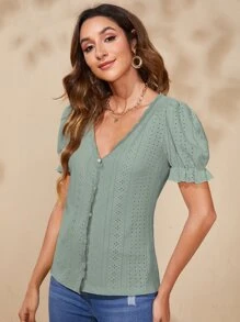 SHEIN VCAY Eyelet Embroidery Puff Sleeve Lace Trim Tee - Mint Green - View 3