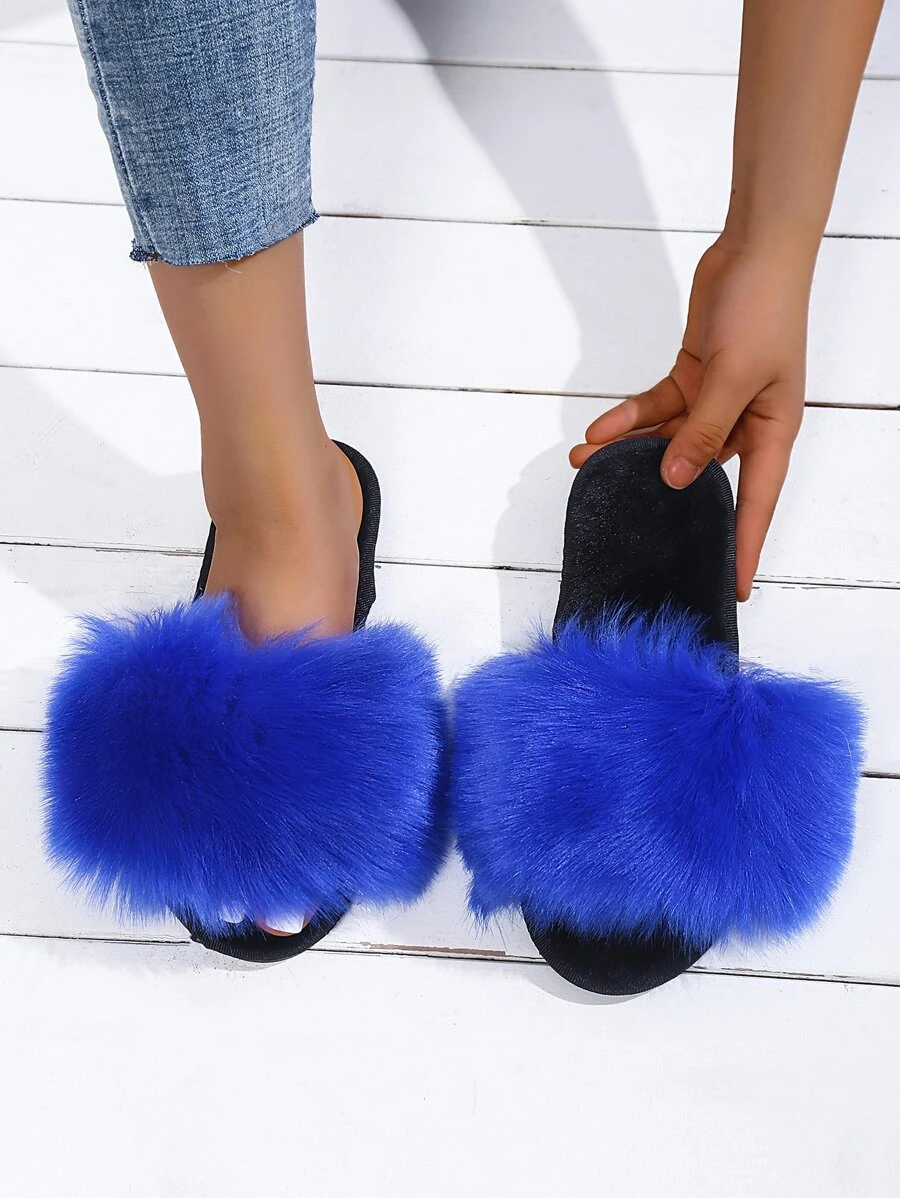 極簡風格毛絨臥室拖鞋 - 藍色 - 查看 1
