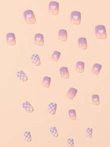 Instantly Upgrade Your Look With 24pcs Short Square Lilac Purple Ombre Checkerboard Fake Nail & 1pc Nail File & 1sheet Tape Press On Nails Nail Supplies - Multicolor - View 3