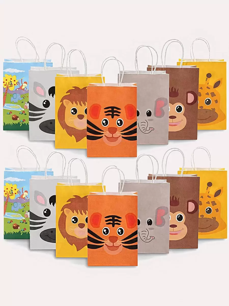 7 chiếc/14 chiếc Túi quà giấy Kraft chủ đề động vật dễ thương, Túi đựng quà dự tiệc - Nhiều màu - Xem 1