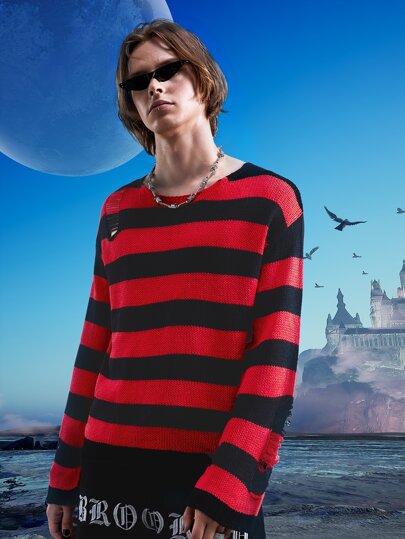 Academia Men Striped Distressed Sweater