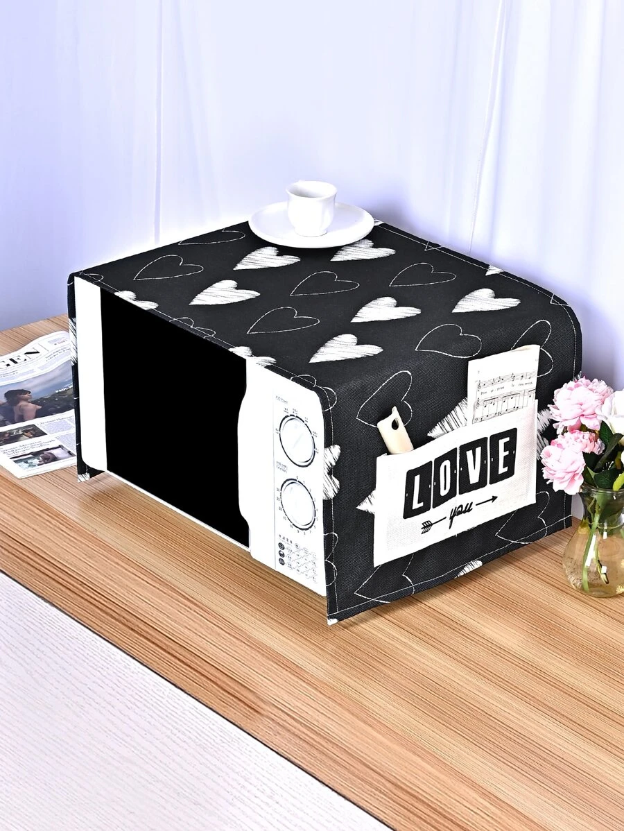 1pc Black & White Heart Microwave, Washing Machine, Refrigerator Dust Cover, Minimalist Modern White Linen-Like Material With Pockets, Multi-Purpose Dust Proof Cover For Microwave, Washing Machine, Refrigerator - Black and White - View 1