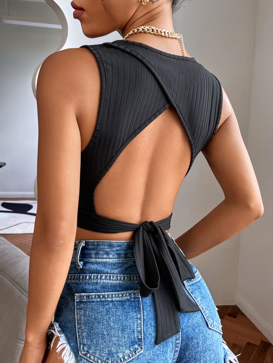 SHEIN Essnce Backless Knot Rib-knit Crop Tank Top - Black - View 1
