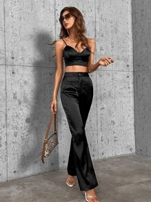 SHEIN Privé 素色吊帶上衣和直筒褲 - 黑色 - 查看 6