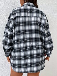 Calvaya 大碼格紋印花落肩袖襯衫 - 黑與白 - 查看 2