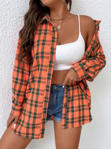 Calvaya 大碼格紋印花落肩袖襯衫 - 彩色 - 查看 5