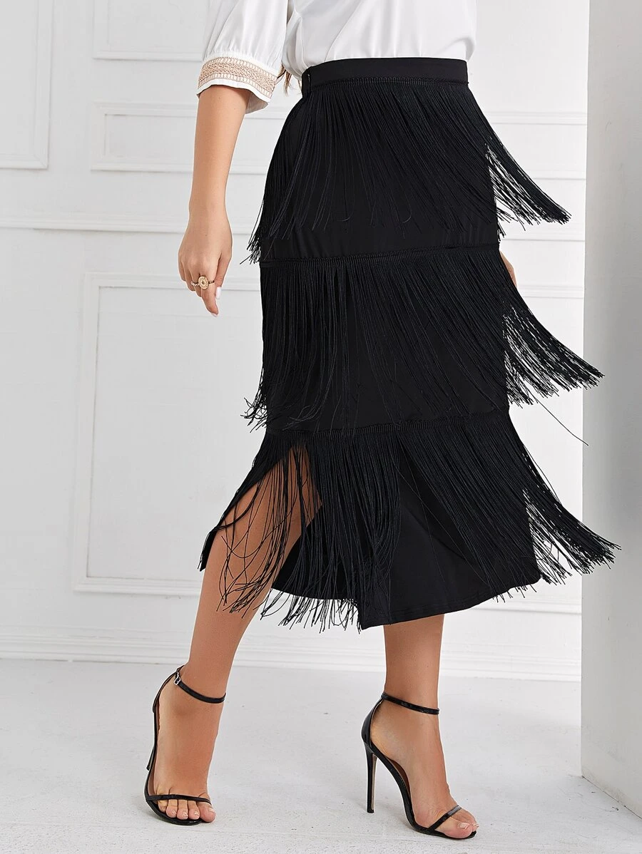 Modelyn 大碼流蘇邊開叉多層下擺半身裙 - 黑色 - 查看 1