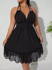 Breezaya Plus Contrast Dobby Mesh Tie Backless Ruffle Hem Halter Dress - Black - View 1