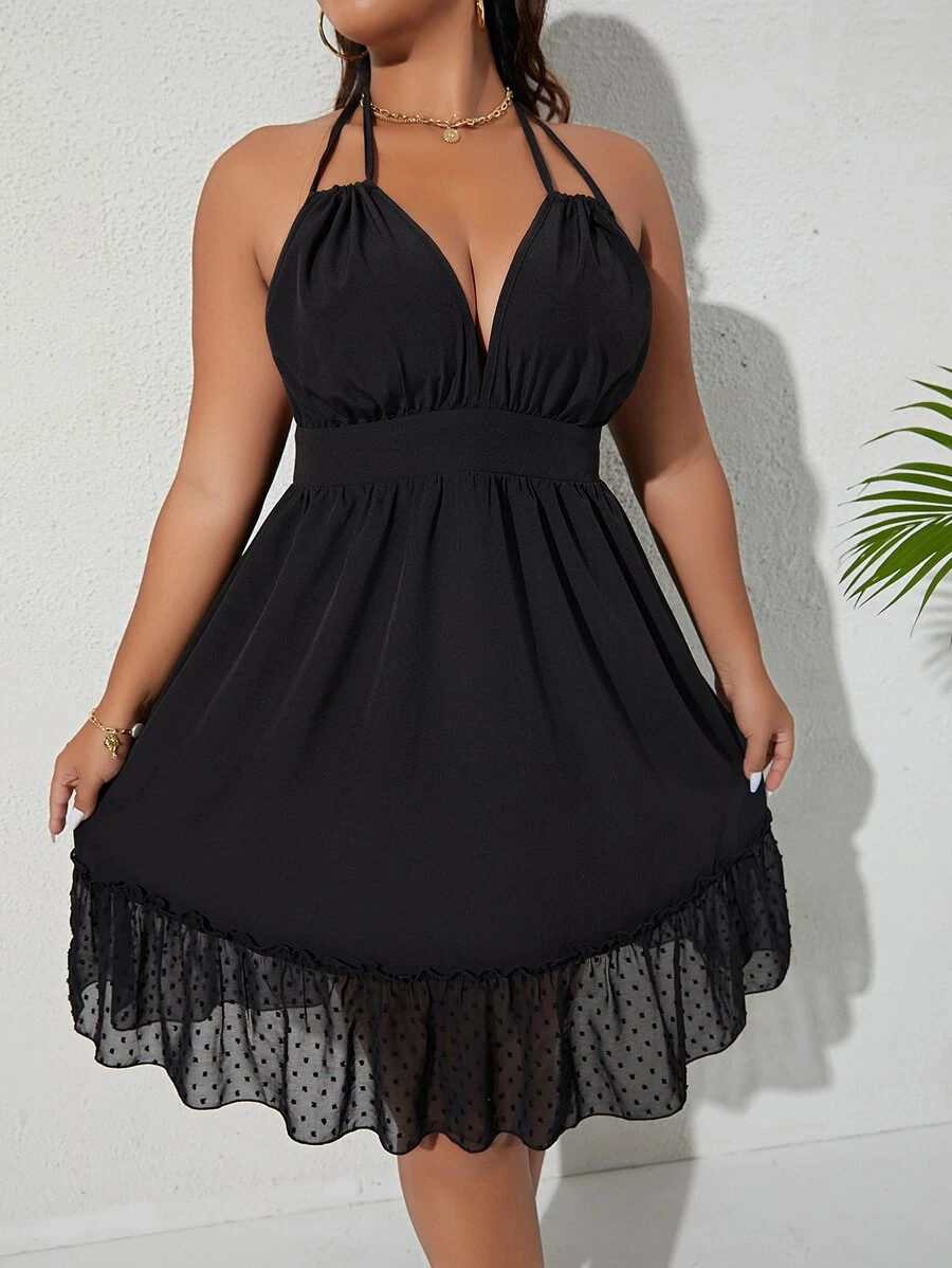 Breezaya Plus Contrast Dobby Mesh Tie Backless Ruffle Hem Halter Dress - Black - View 1