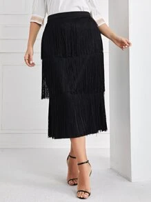 Modelyn 大碼流蘇邊開叉多層下擺半身裙 - 黑色 - 查看 3