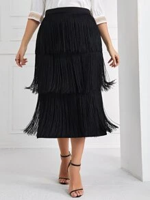 Modelyn 大碼流蘇邊開叉多層下擺半身裙 - 黑色 - 查看 4