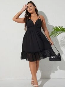 Breezaya Plus Contrast Dobby Mesh Tie Backless Ruffle Hem Halter Dress - Black - View 3