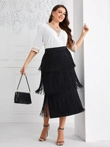 Modelyn 大碼流蘇邊開叉多層下擺半身裙 - 黑色 - 查看 6