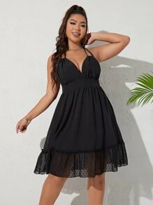 Breezaya Plus Contrast Dobby Mesh Tie Backless Ruffle Hem Halter Dress - Black - View 5