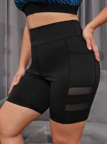 Easithlete Plus Size Mesh Panel Sports Shorts With Phone Pocket Legging Shorts - Black - View 3