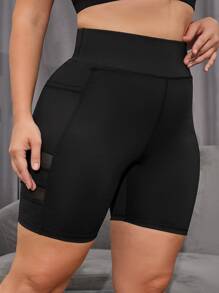 Easithlete Plus Size Mesh Panel Sports Shorts With Phone Pocket Legging Shorts - Black - View 5