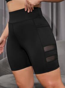 Easithlete Plus Size Mesh Panel Sports Shorts With Phone Pocket Legging Shorts - Black - View 6