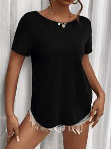 SHEIN Essnce 扭結露背素色T恤 - 黑色 - 查看 3