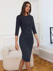 Ruched Side Zip Back Bodycon Business Formal Dress - Black - View 3