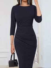 Ruched Side Zip Back Bodycon Business Formal Dress - Black - View 4