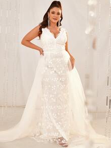 YISIKADO Plus Floral Embroidery Mesh Panel Backless Maxi Wedding Dress - White - View 4