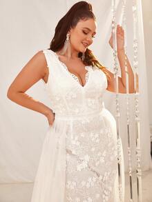 YISIKADO Plus Floral Embroidery Mesh Panel Backless Maxi Wedding Dress - White - View 6