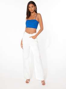 SHEIN Essnce Áo hai dây Gân đan màu trơn Giải trí - Xanh đậm - Xem 3