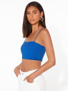 SHEIN Essnce Áo hai dây Gân đan màu trơn Giải trí - Xanh đậm - Xem 5