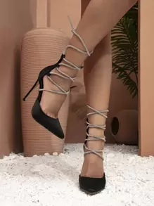 Satin Rhinestone Decor Tie Leg Design Strappy Pumps