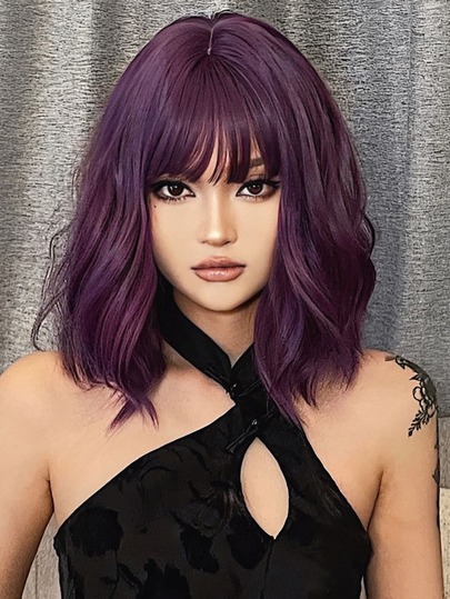 Deep Purple Short Bob Wig With Bangs, Fluffy Wavy Hair, Shoulder Length, Synthetic Material, Suitable For Women, Girls Cosplay, Vibrant Color, Can Be Used For Costume Matching, Halloween Christmas Gift