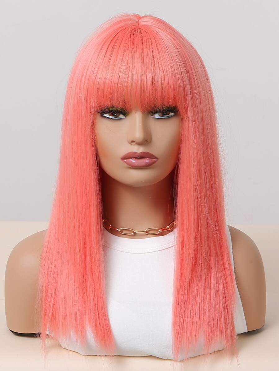 Tóc giả tổng hợp thẳng trung bình có tóc mái - Màu Hồng baby - Xem 1