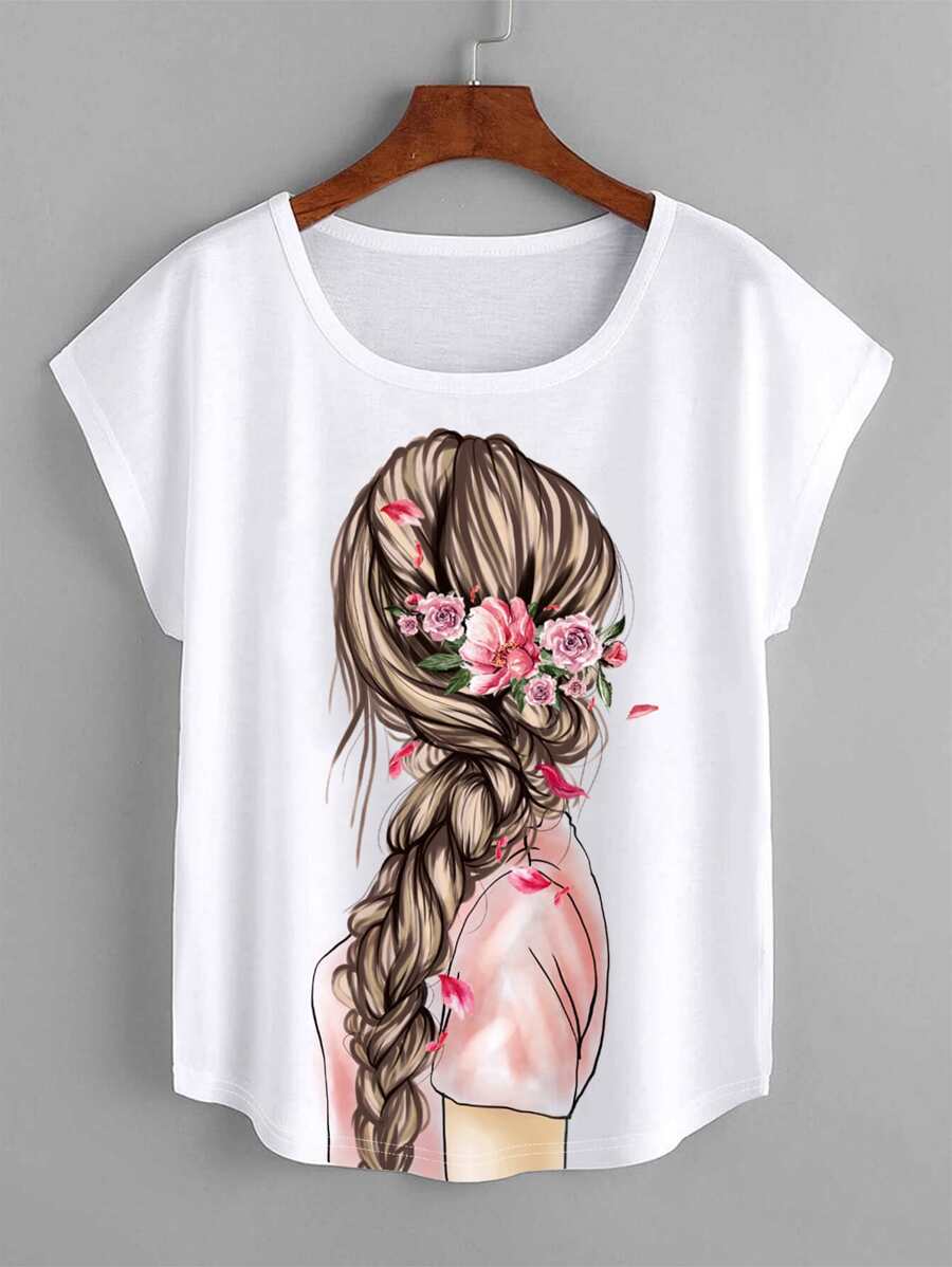 Mulvari Plus Figure Graphic Batwing Sleeve Tee For Summer - White - View 1