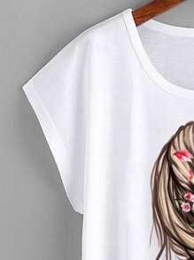 Mulvari Plus Figure Graphic Batwing Sleeve Tee For Summer - White - View 3
