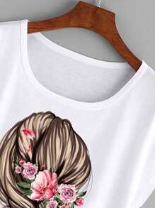 Mulvari Plus Figure Graphic Batwing Sleeve Tee For Summer - White - View 4