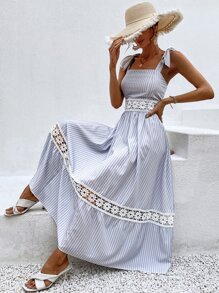 Breezaya Đầm Tương phản ren Thắt nút Sọc Boho - Xanh và trắng - Xem 1