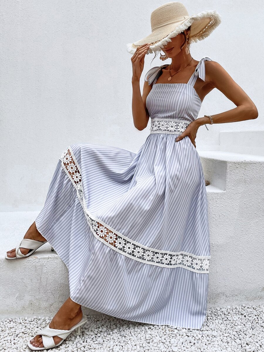 Breezaya Đầm Tương phản ren Thắt nút Sọc Boho - Xanh và trắng - Xem 1