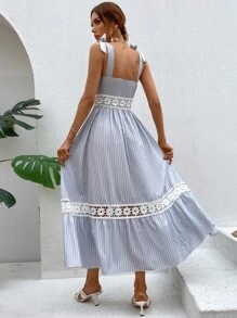 Breezaya Đầm Tương phản ren Thắt nút Sọc Boho - Xanh và trắng - Xem 2