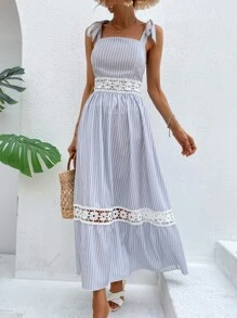 Breezaya Đầm Tương phản ren Thắt nút Sọc Boho - Xanh và trắng - Xem 3