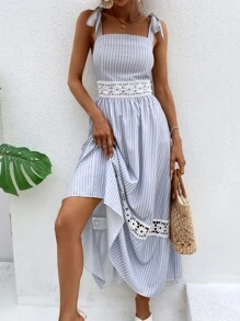 Breezaya Đầm Tương phản ren Thắt nút Sọc Boho - Xanh và trắng - Xem 4