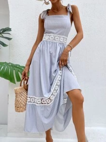 Breezaya Đầm Tương phản ren Thắt nút Sọc Boho - Xanh và trắng - Xem 6