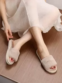 Women's Fashionable Khaki Solid Color Bedroom Slippers, Minimalist Plush Bedroom Slipper