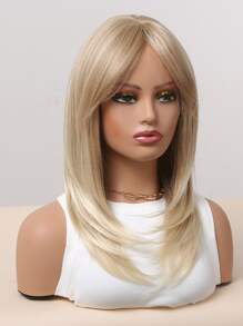 浅金色中长直发合成假发，带刘海，金色分层假发，适合女士日常派对音乐节使用