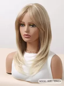 浅金色中长直发合成假发，带刘海，金色分层假发，适合女士日常派对音乐节使用