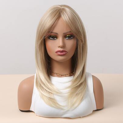 中长款直发合成假发，带刘海，金色层次感假发，适合女性日常佩戴、参加派对、音乐节等场合。（请注意佩戴和保养方式，由于拍摄时的光线和角度原因，实物颜色可能与图片略有差异。）