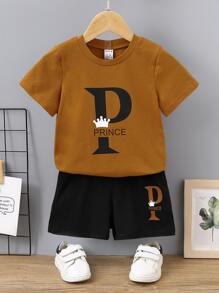 SHEIN Young Boy 2pcs/Set Casual Crown & Letter Print Short Sleeve T-Shirt And Shorts Summer Outfits