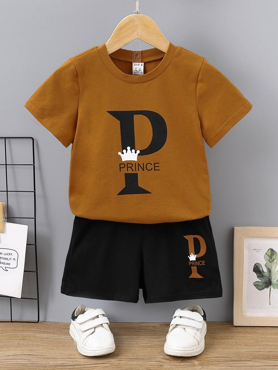 SHEIN Young Boy 2pcs/Set Casual Crown & Letter Print Short Sleeve T-Shirt And Shorts Summer Outfits